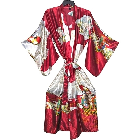 Vintage Satin Authentic Japanese Kimono Open Front Sash Tie Red White Maxi OS - Picture 13 of 13